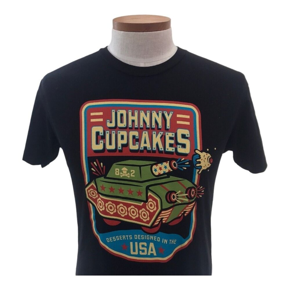 Johnny Cupcakes Desserts Men's T-Shirt Black Cotton Tank Army Graphic Size Small
